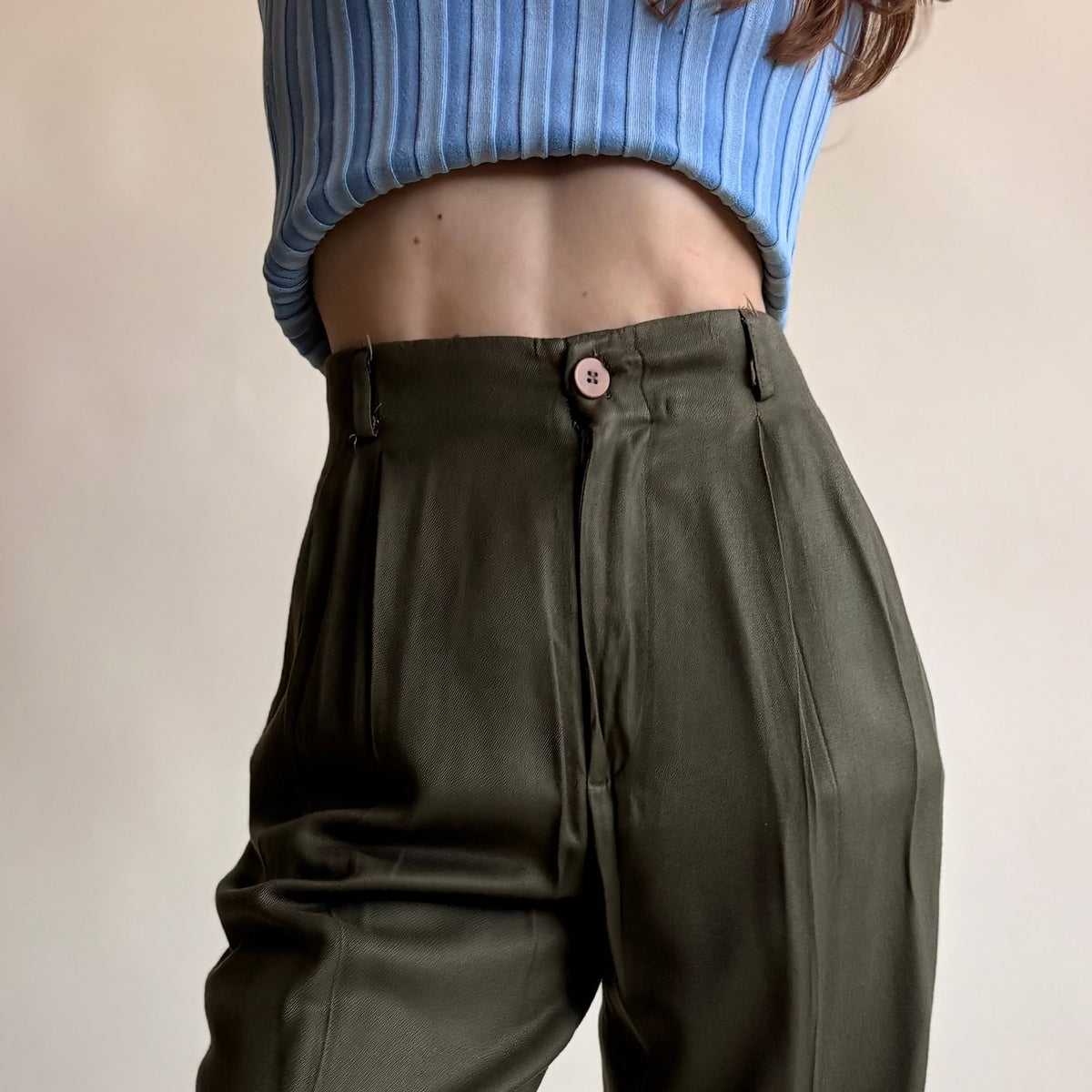 Saks Fifth Avenue Olive Green Linen Trousers - High Waisted, Pleated, Cropped