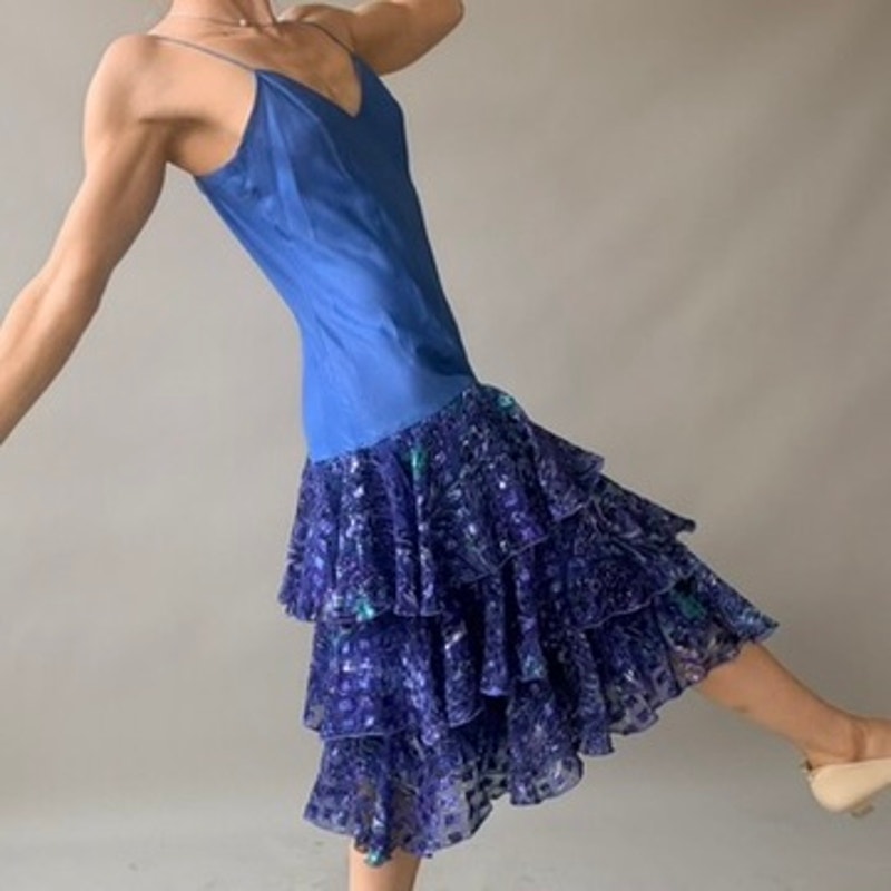 Ann Hobbs for Cattiva Blue Silk Drop-Waist Dress - Peacock Ruffle Tiered Skirt