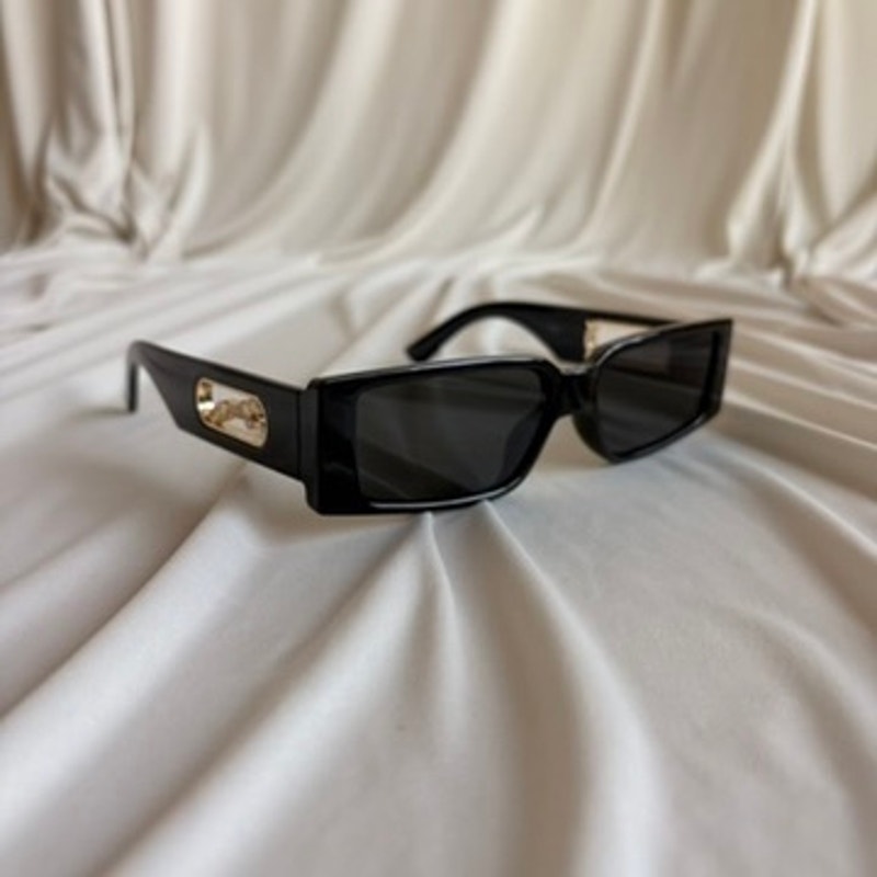 Narrow Black Rectangular Sunglasses - Gold Cheetah Emblem, Cutout Temple Detail