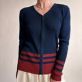 Jones & Co. Navy Zip Cardigan - Burgundy Stripes, Wool Blend, Preppy Coastal Vibes, Size Small