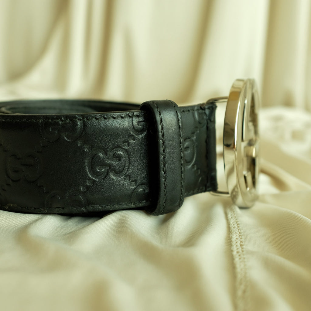 Gucci Interlocking G Belt - Black Leather, Silver Buckle, Size 95