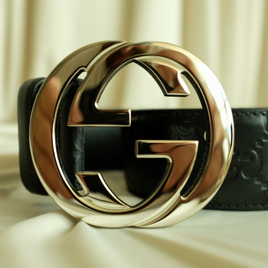 Gucci Interlocking G Belt - Black Leather, Silver Buckle, Size 95