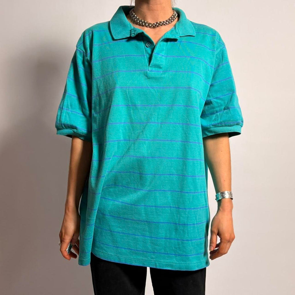 Vintage L.L.Bean Men's Polo - Teal/Blue Stripe, Size Large