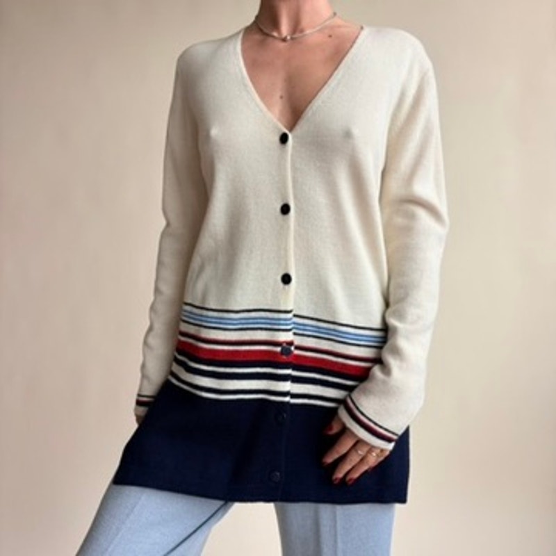 Jones & Co. Nautical Striped Cardigan - Merino Wool, Cream/Blue/Red, Y2K, Size Small