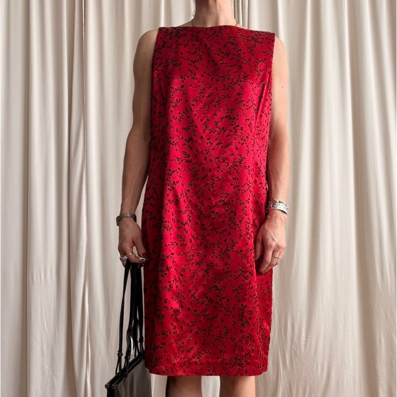 Lois Snyder Floral Sheath Dress - Red & Black, Made in USA - Size 12 (Fits L)