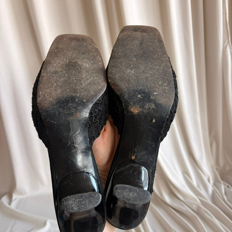 Stuart Weitzman Black Lace Mules - Square Toe, Kitten/Block Heel, Size 11