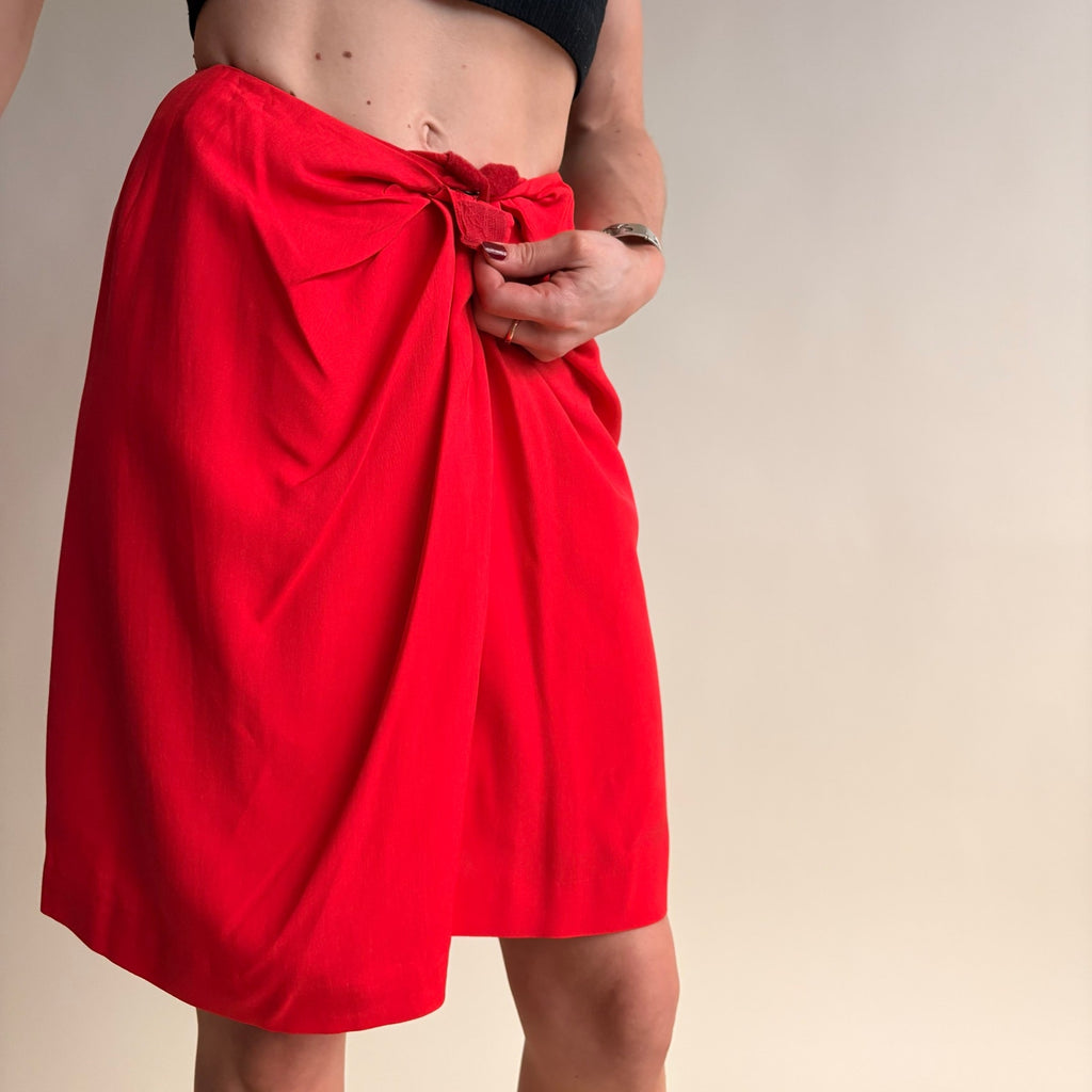 Anne Klein Red Silk Wrap Skirt - Sarong Style, Velcro Closure, Size 4