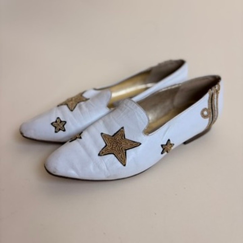 Joan & David Star Loafers - White Leather, Gold Star, Made in Italy, Size 7.5