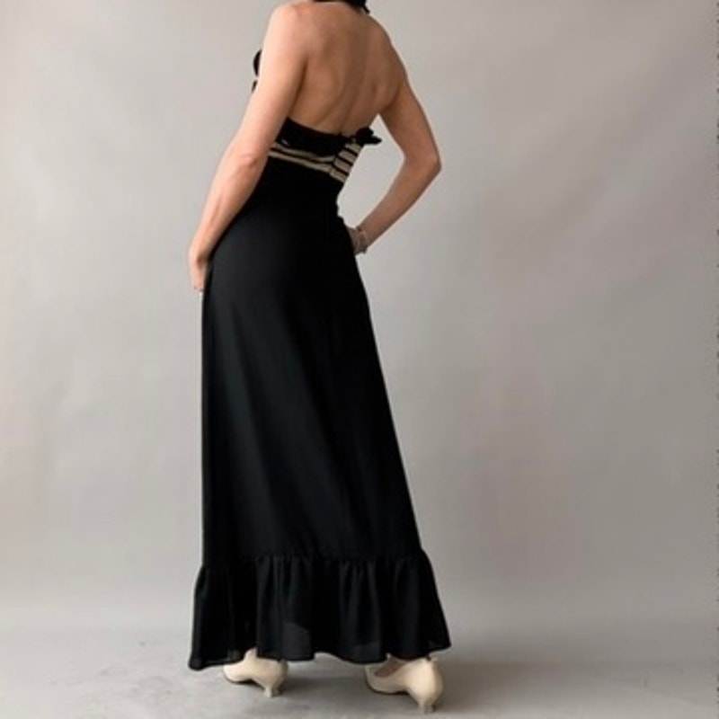 Vintage 70s Black & Gold Striped Halter Maxi Dress - Ruffle Hem