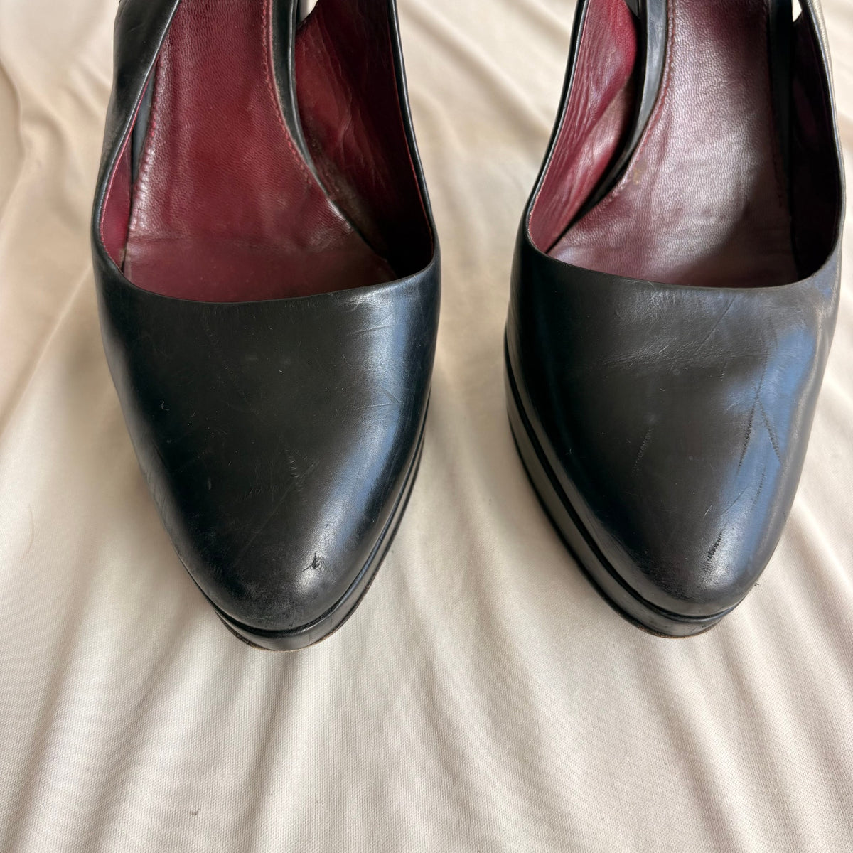 Vintage Prada Black Leather Slingback Platform Pumps - Gold Buckle, 37.5