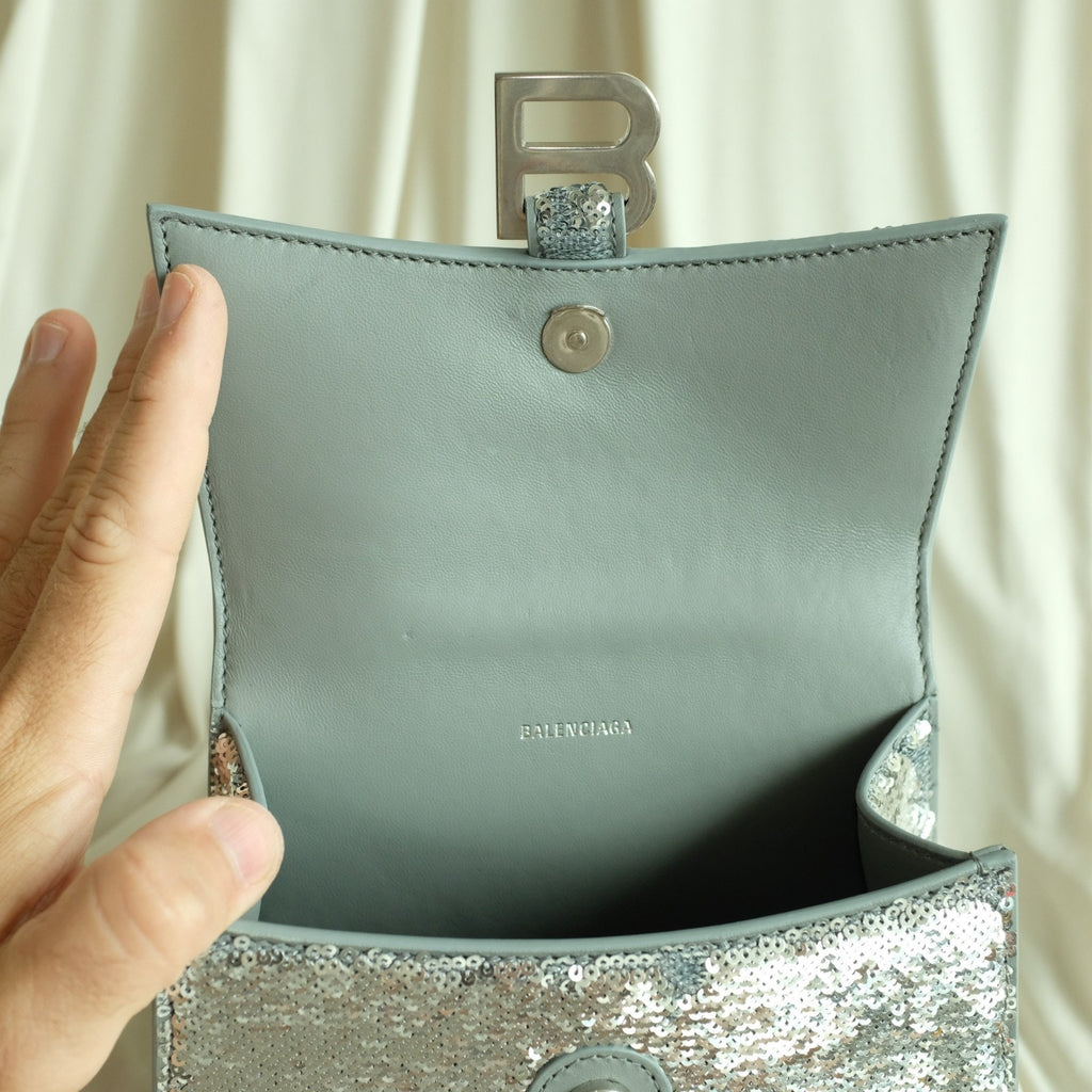 Balenciaga Hourglass Mini Sequin Bag - Silver, Calf Leather, NWT