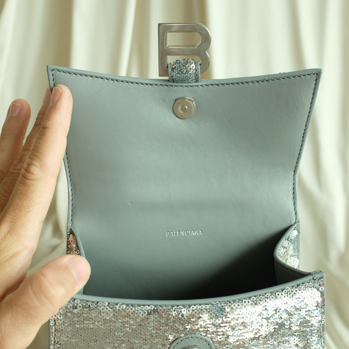 Balenciaga Hourglass Mini Sequin Bag - Silver, Calf Leather, NWT
