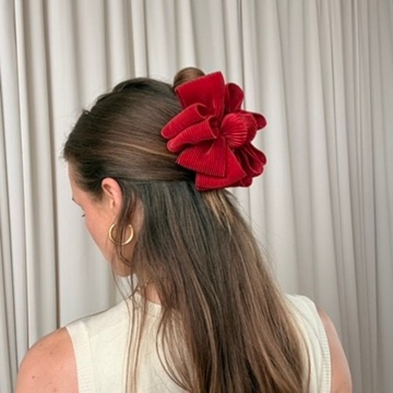 Red Oversized Ribbon Claw Clip - Pleated Bow Detail, Retro