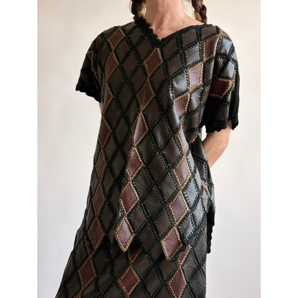 Vintage 1970s Handmade Turkish Diamond Patchwork Leather Top
