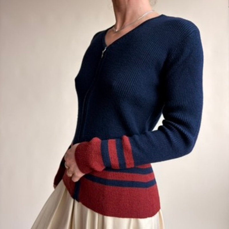 Jones & Co. Navy Zip Cardigan - Burgundy Stripes, Wool Blend, Preppy Coastal Vibes, Size Small