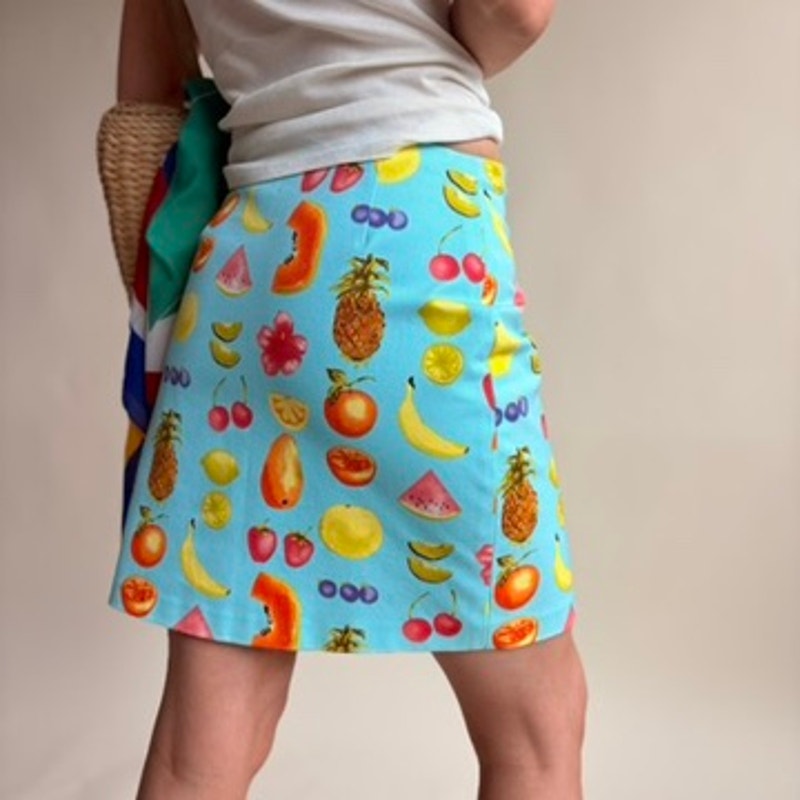 Worth Light Blue Tropical Fruit Mini Skirt - Stretchy, Summer Vibes, Size 2