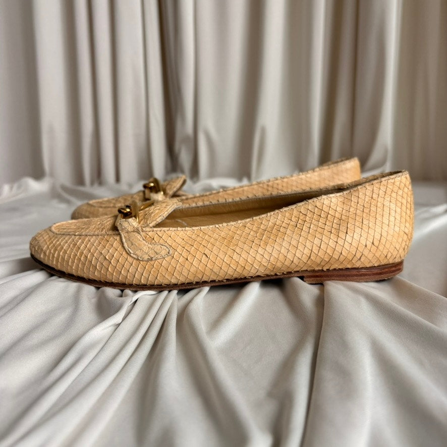 Joan & David Reptile Skin Loafers - Tan Beige, Gold Chain Detail, Size 7.5