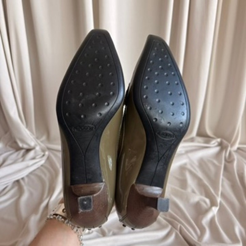Tod's Olive Green Patent Loafers - Kitten Heel, Apron Stitch, EU 37 / US 6