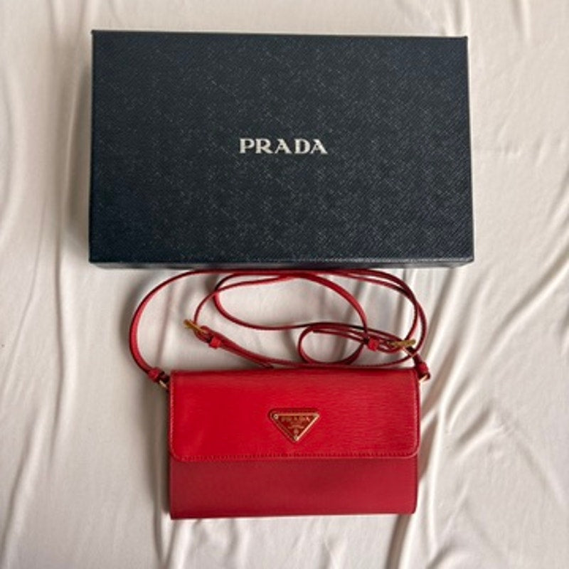 Prada Vitello & Fabric Move Red Crossbody Wallet