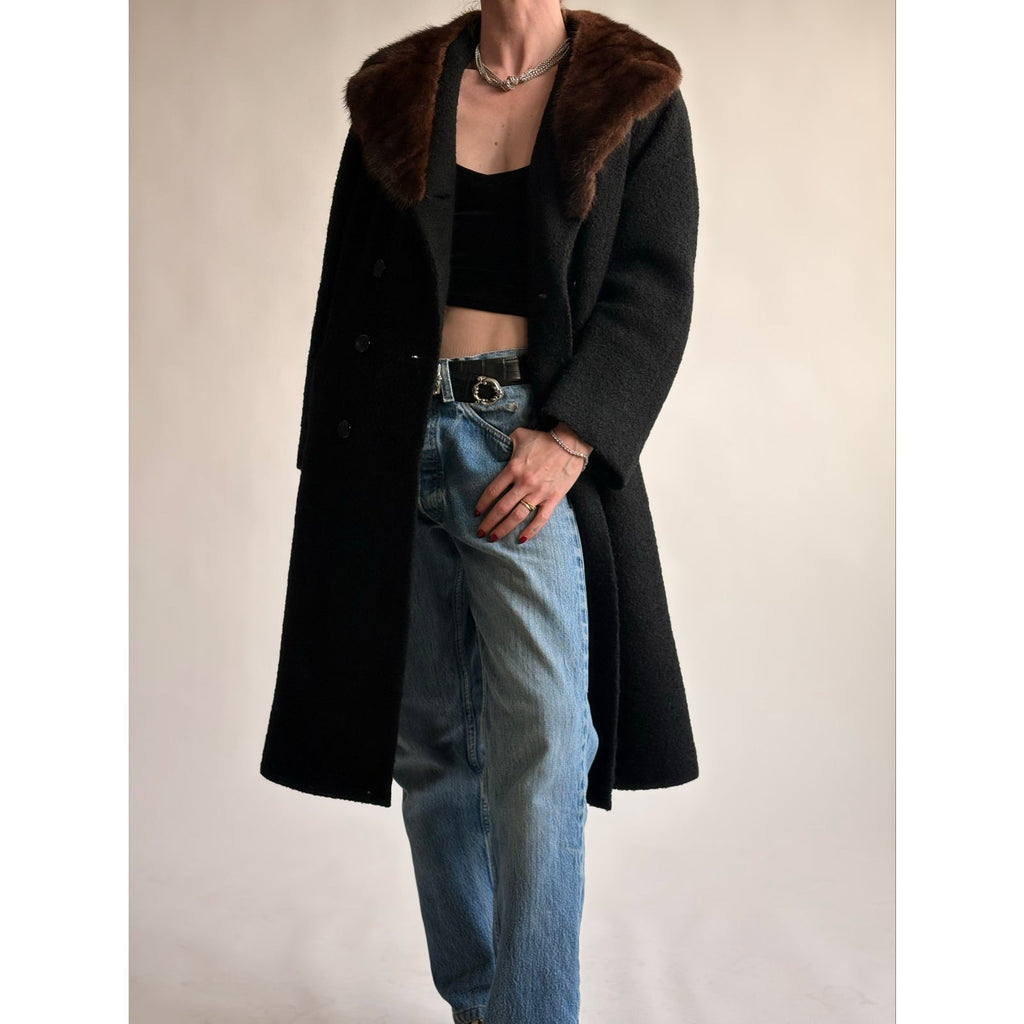 Vintage Woodward & Lothrop Black Wool Car Coat with Mink Fur Collar