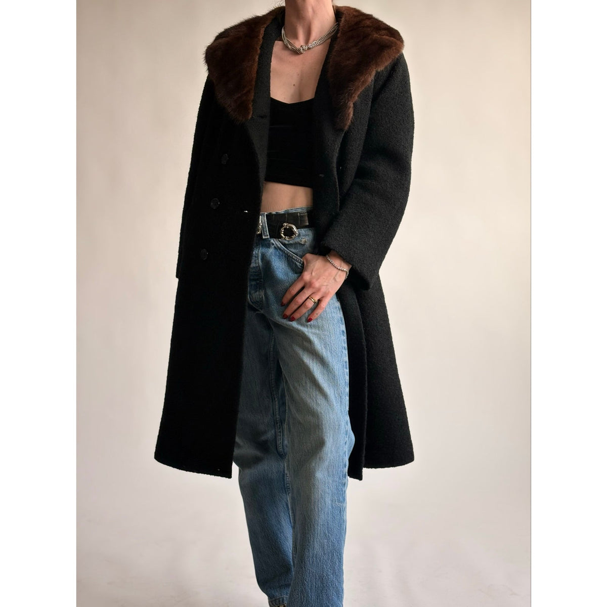 Vintage Woodward & Lothrop Black Wool Car Coat with Mink Fur Collar