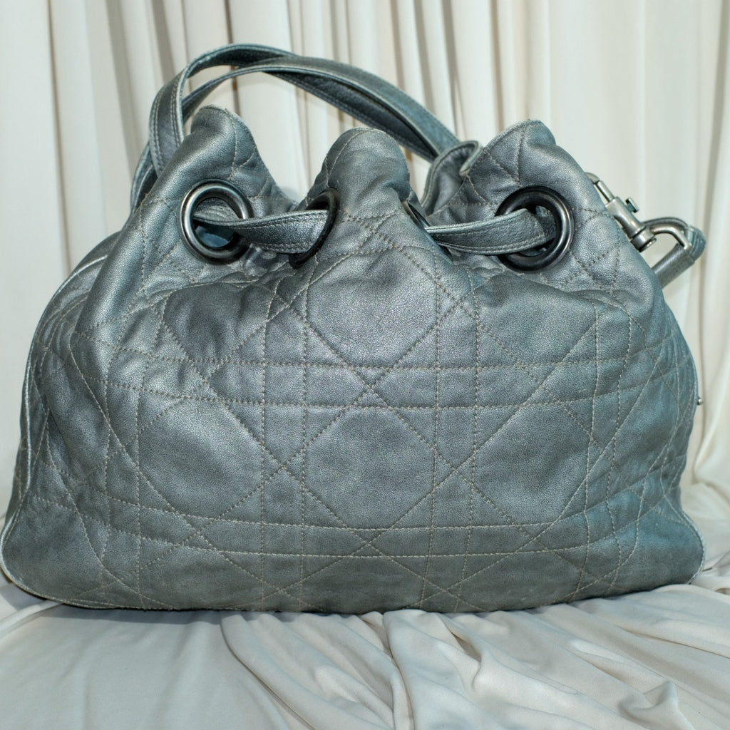 VTG Christian Dior Quilted Lambskin Leather Cannage Drawstring Bucket Bag Silver