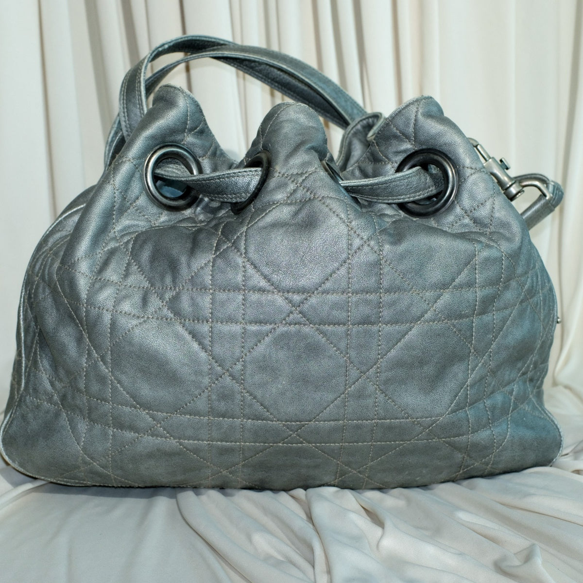VTG Christian Dior Quilted Lambskin Leather Cannage Drawstring Bucket Bag Silver