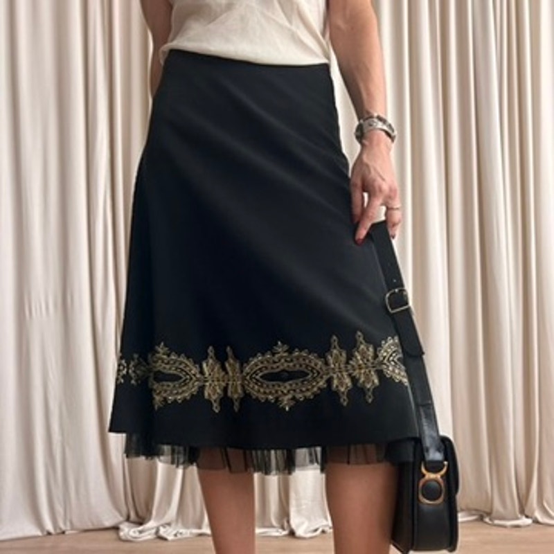 Sunny Leigh Embroidered Skirt - Black, Gold Floral, Tulle Lining - Size 6 (Fits M)
