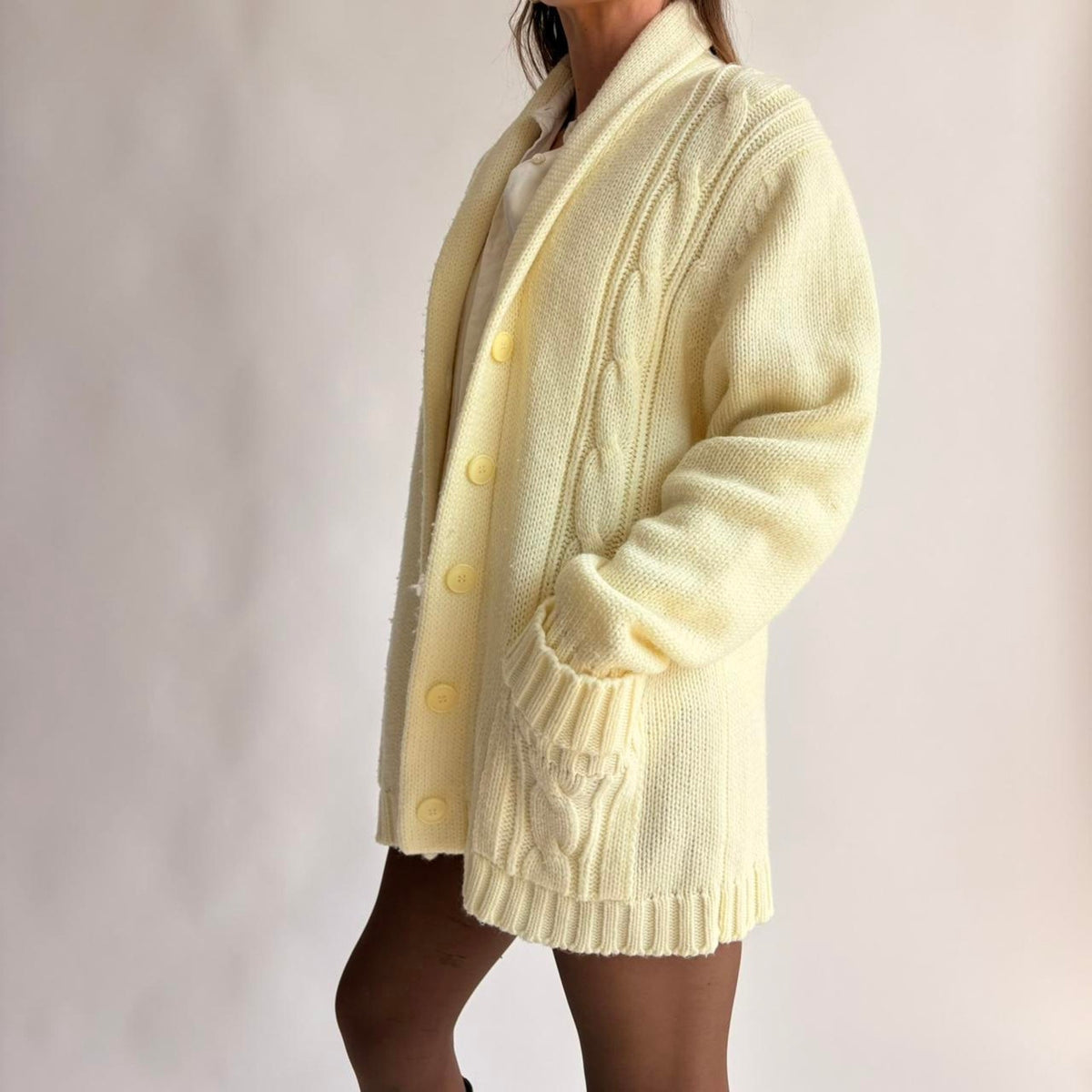 Vintage Sears 70s Cream Cable Knit Cardigan - Fits Large