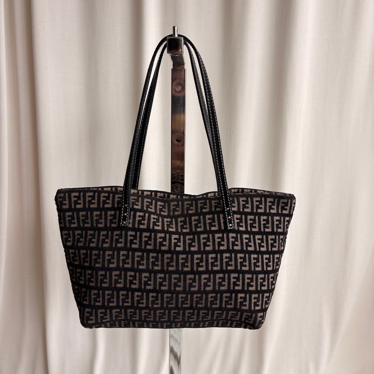 Vintage Fendi Zucchino Roll Tote - Black & Tan Textured Canvas