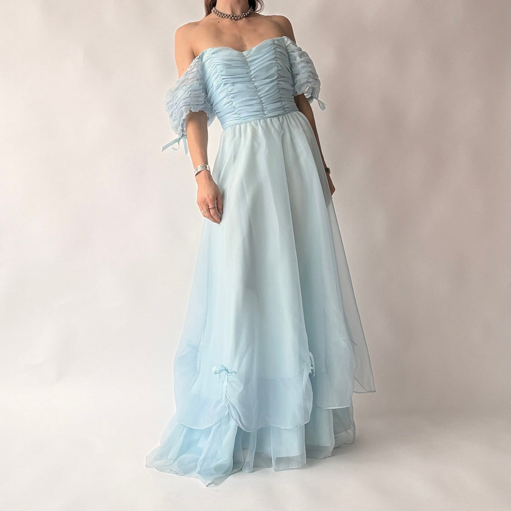 Roberta of California Vintage Powder Blue Ruched Off-Shoulder Gown