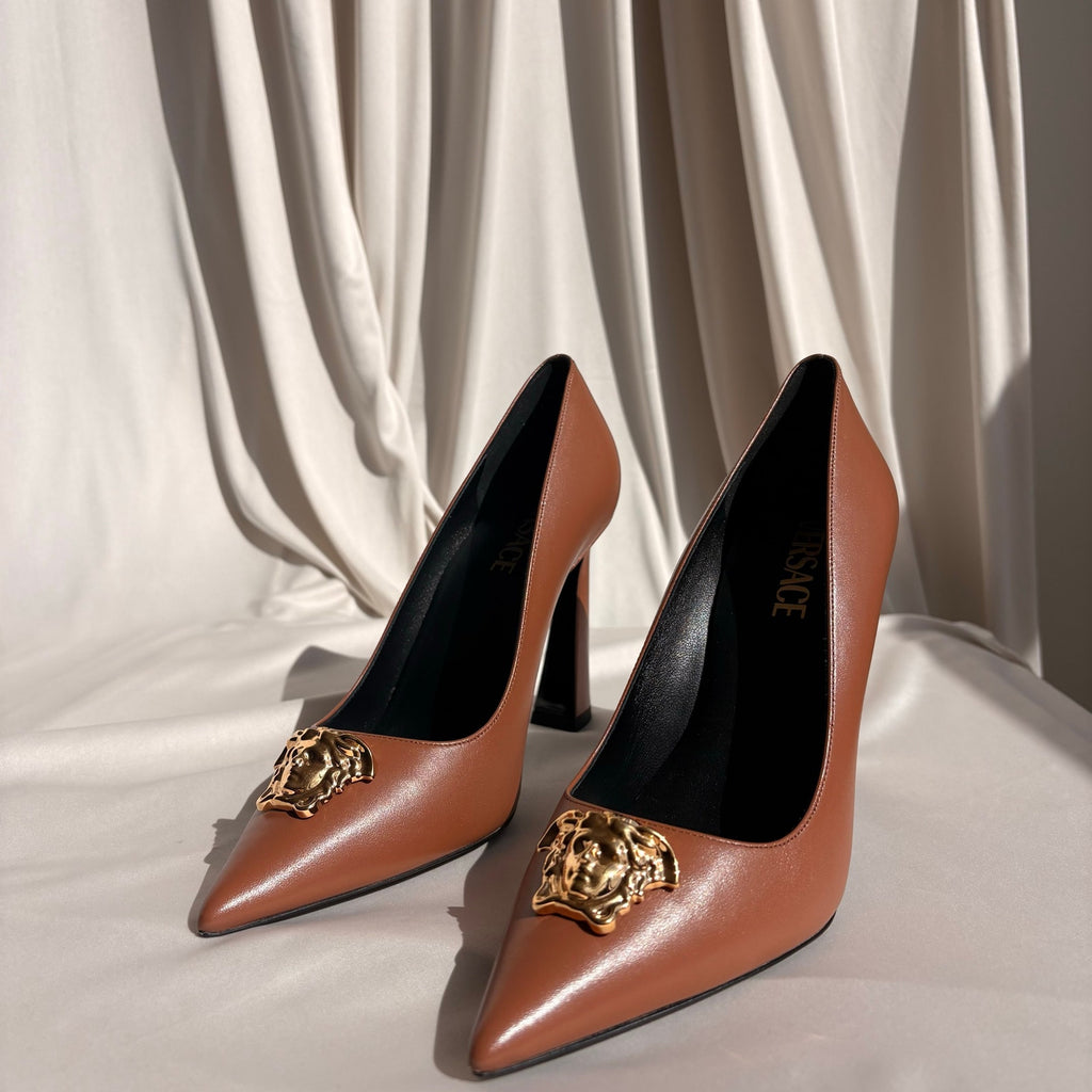 Versace Brown Leather Medusa Logo Pumps - Gold Hardware, EU 38 / US 7.5