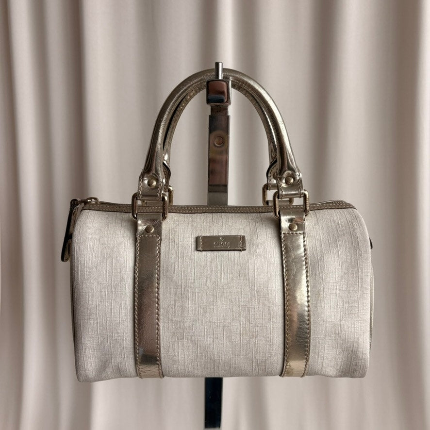 Gucci Small Joy Boston Bag - GG Supreme Canvas, White/Gold, Metallic Silver Trim