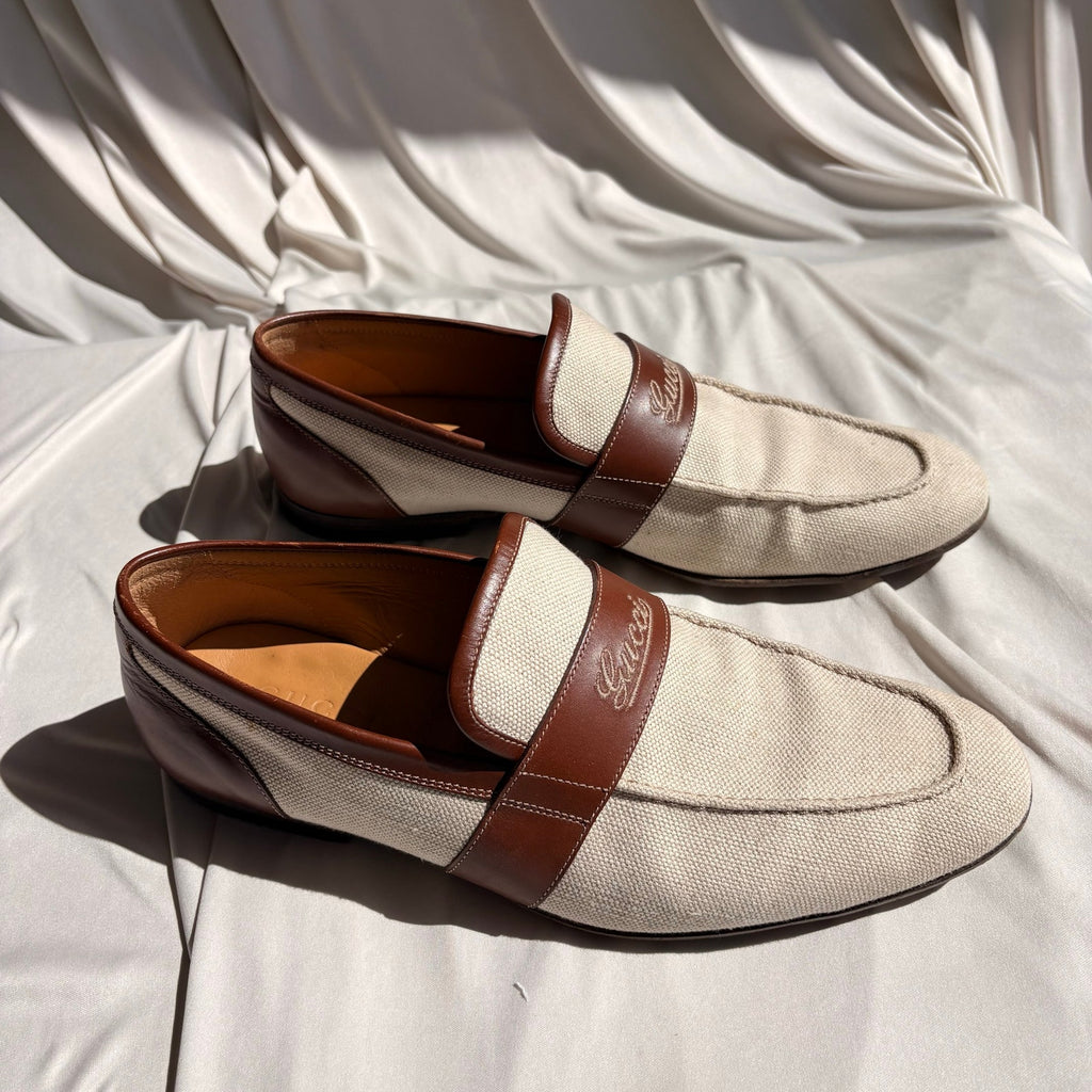 Vintage Gucci Slip-On Loafers - Cream Canvas, Brown Leather, EU 39
