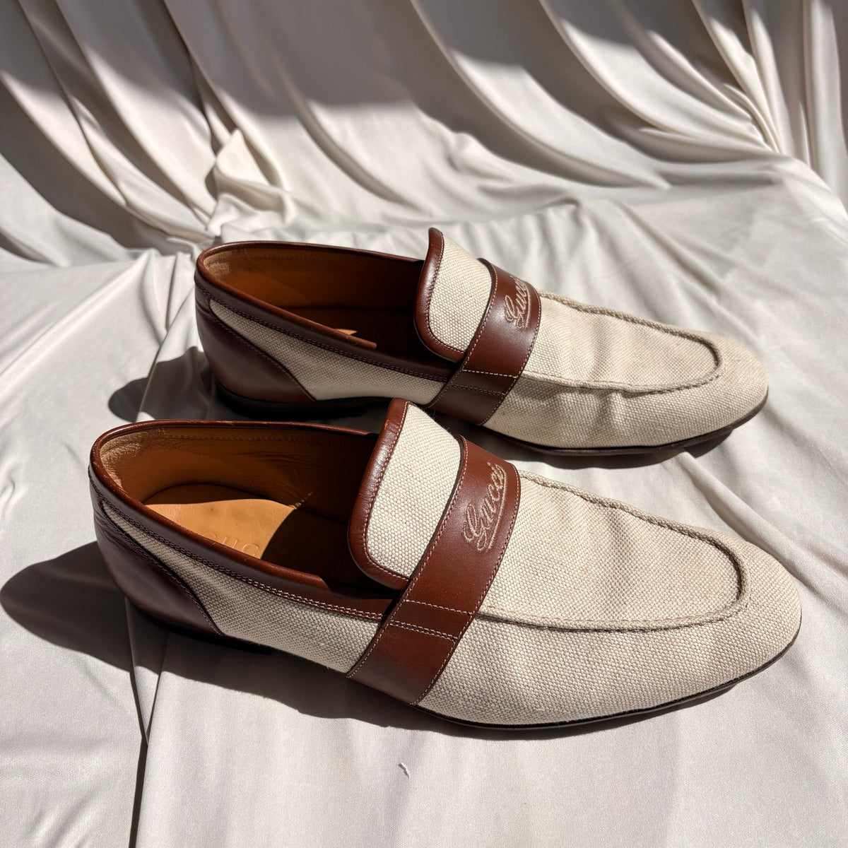 Vintage Gucci Slip-On Loafers - Cream Canvas, Brown Leather, EU 39