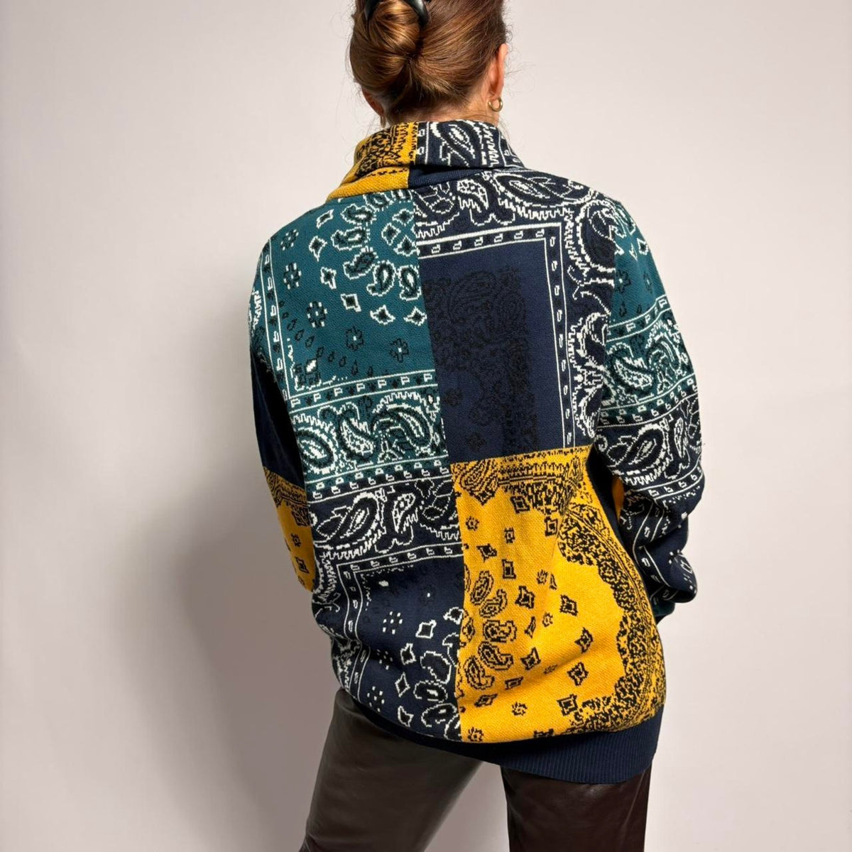 Sun + Stone Bandanna Print Shawl Collar Sweater - Yellow/Green/Blue, Size Medium