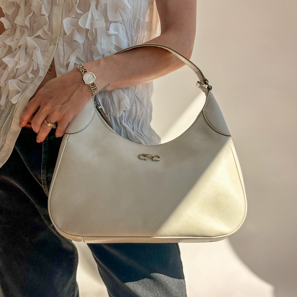 Ferragamo Gancini Romana Hobo Bag - White Saffiano Leather