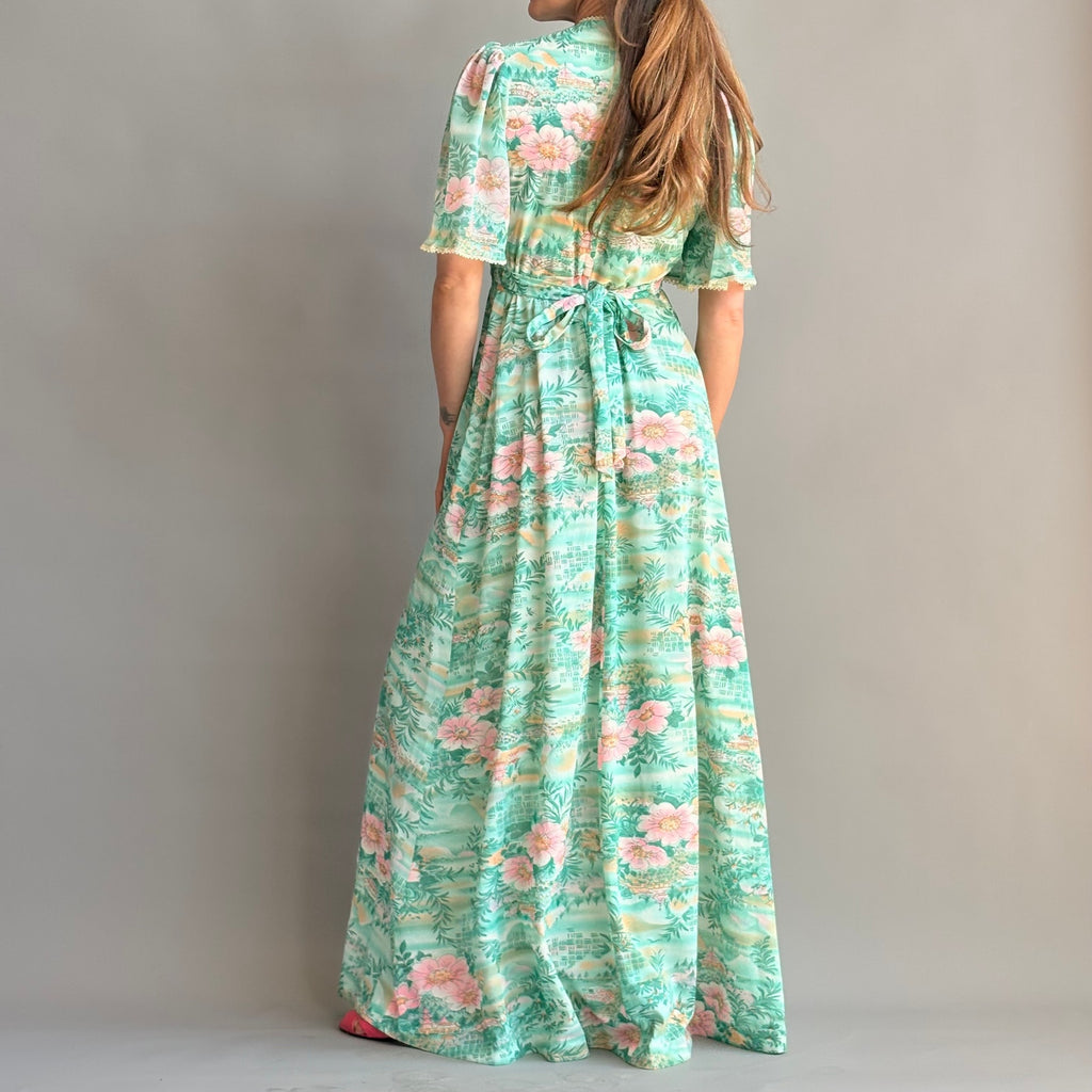 House of Nu-Mode Vintage 70s Mint Green Hawaiian Maxi Dress