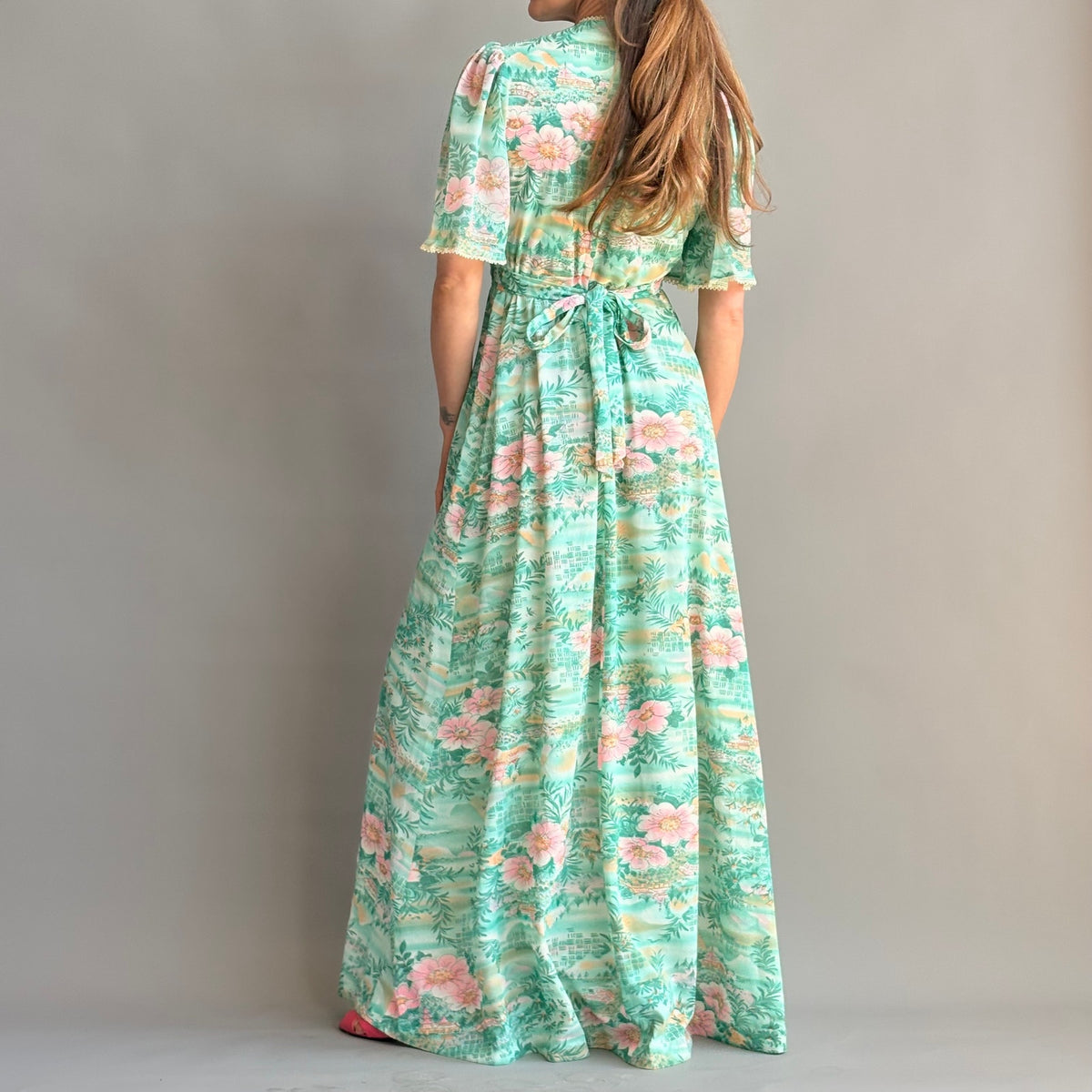 House of Nu-Mode Vintage 70s Mint Green Hawaiian Maxi Dress