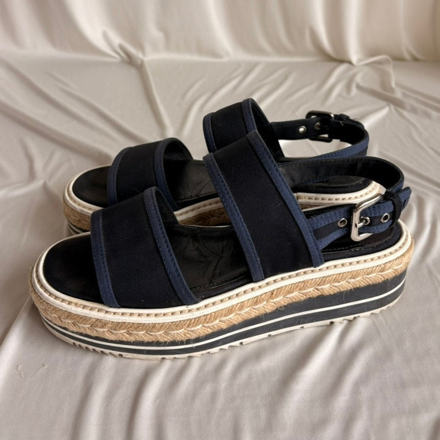 Prada Black & Baltic Blue Canvas Espadrille Platform Sandals - EU 37/US 7