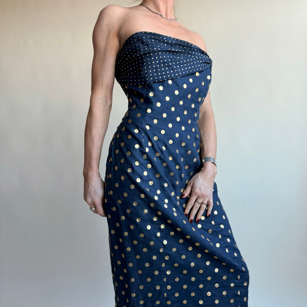Albert Nipon Navy Blue Strapless Wiggle Dress - Gold Polka Dot, Bow Detail, Size 4/6