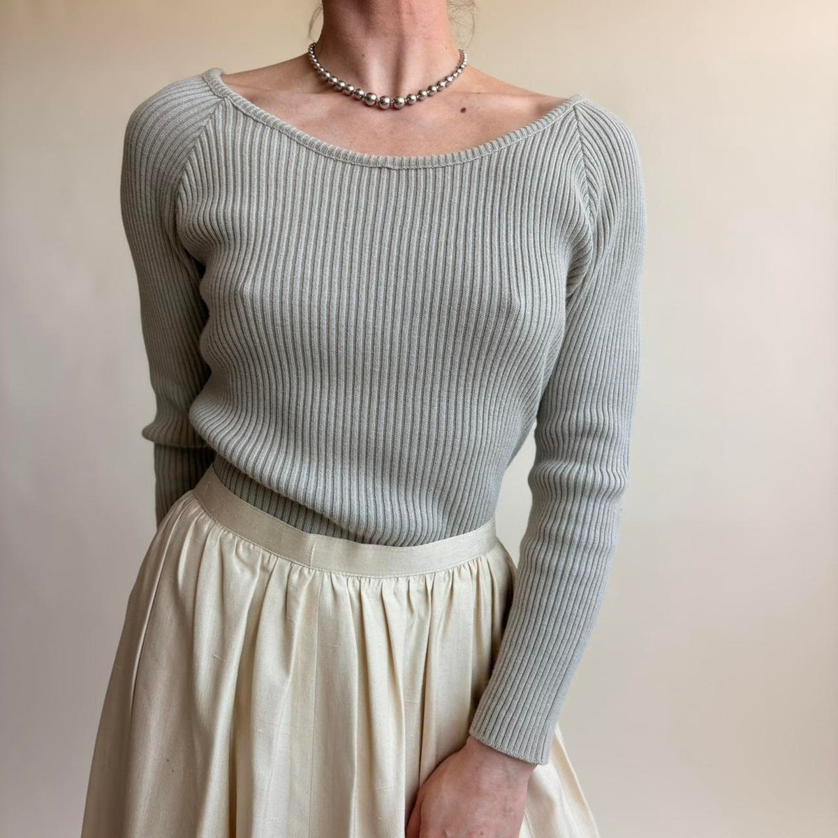 525 Light Sage Green Boat Neck Top - Ribbed, One Size (Fits Small), Made in USA