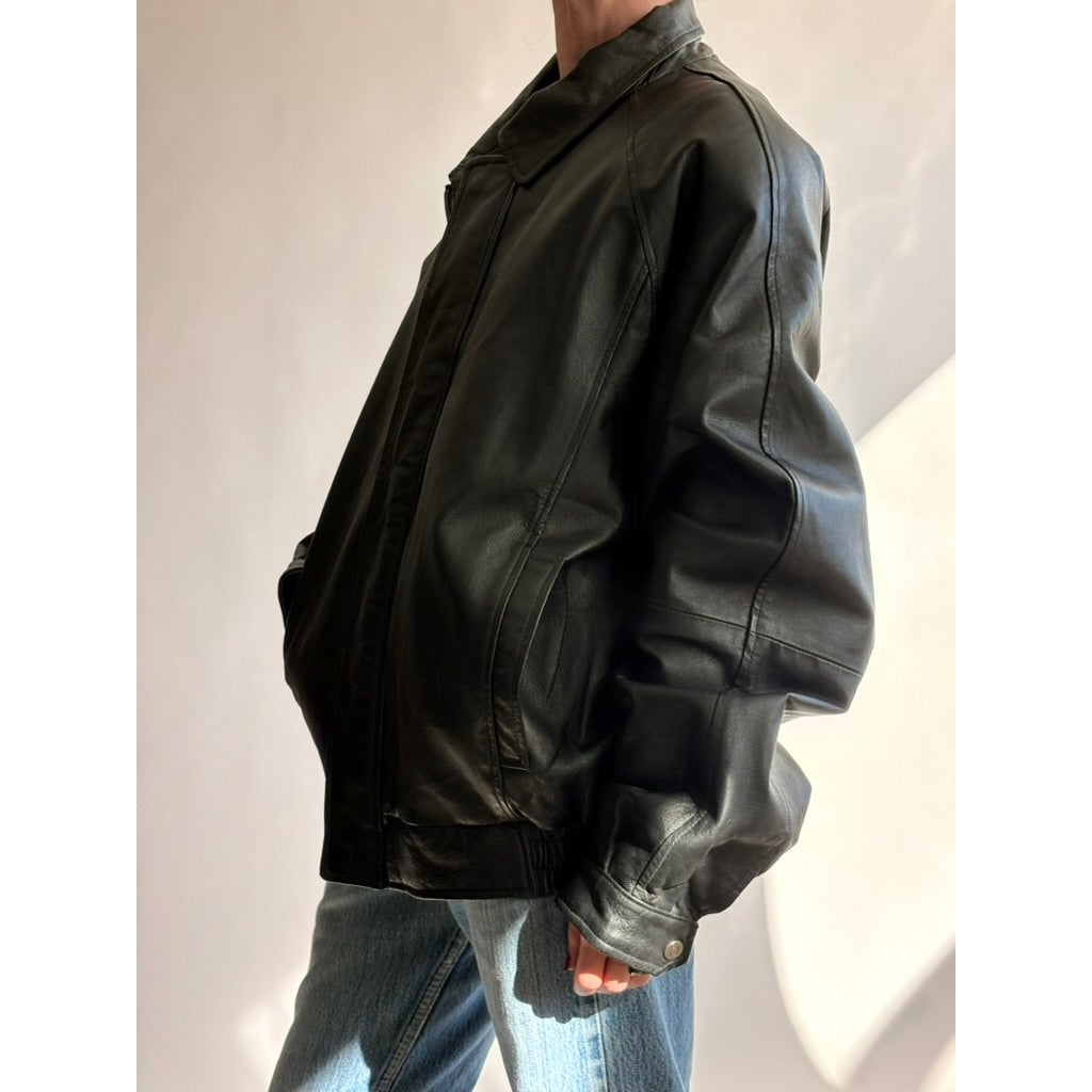Vintage 90s North Crest Black Leather Bomber Jacket -large