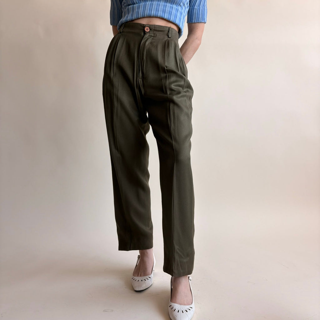 Saks Fifth Avenue Olive Green Linen Trousers - High Waisted, Pleated, Cropped