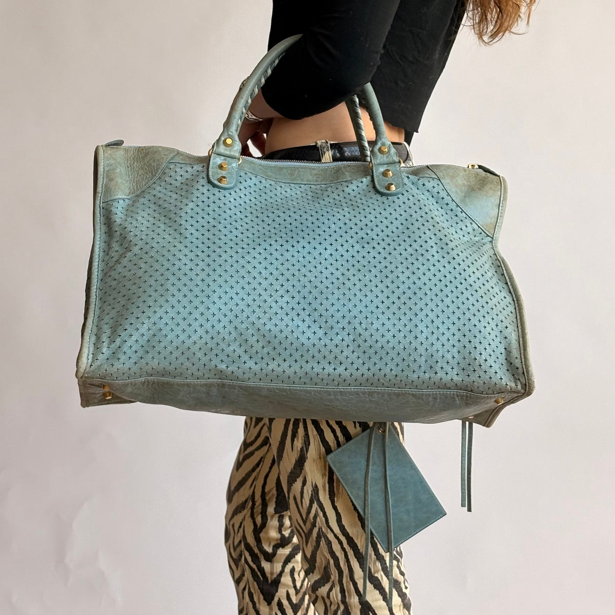 Balenciaga Cross Perforated Lambskin Leather Motorcycle City Bag - Soft Blue