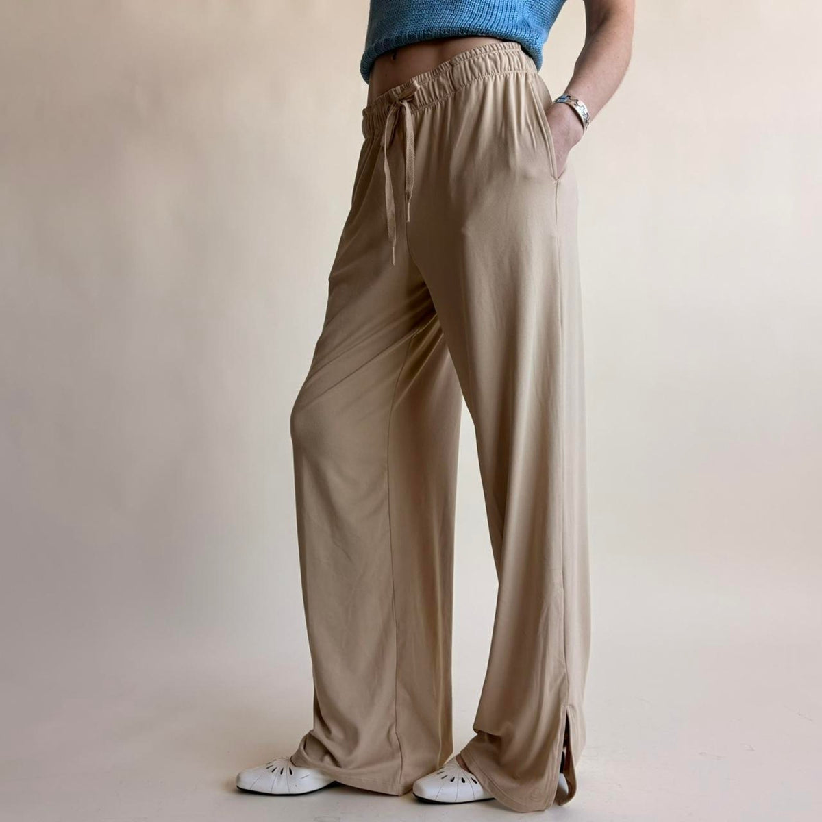 Tan Wide Leg Lounge Pants - Drawstring Waist, Ankle Slits, Size XS