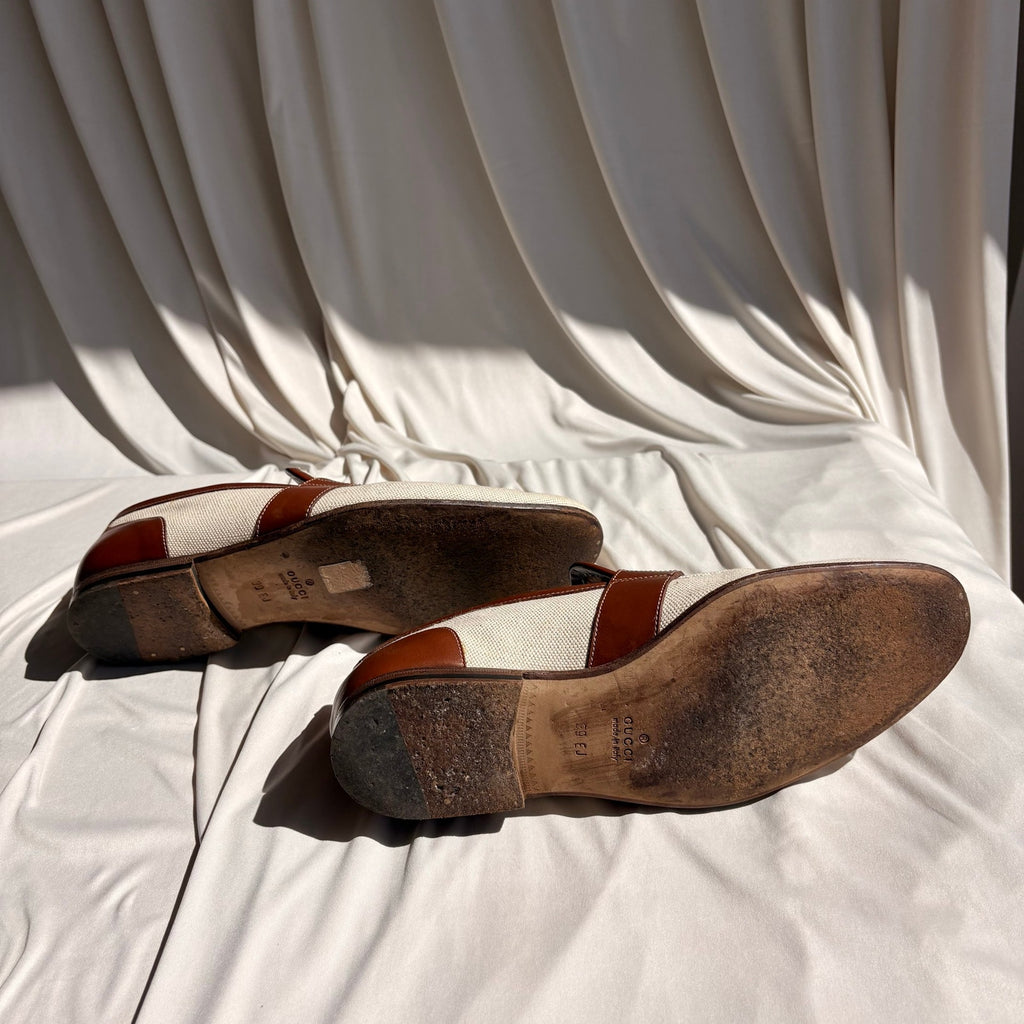 Vintage Gucci Slip-On Loafers - Cream Canvas, Brown Leather, EU 39