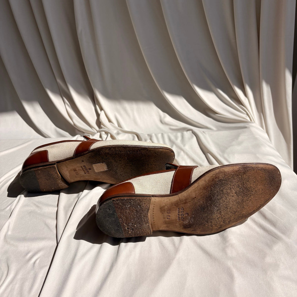 Vintage Gucci Slip-On Loafers - Cream Canvas, Brown Leather, EU 39