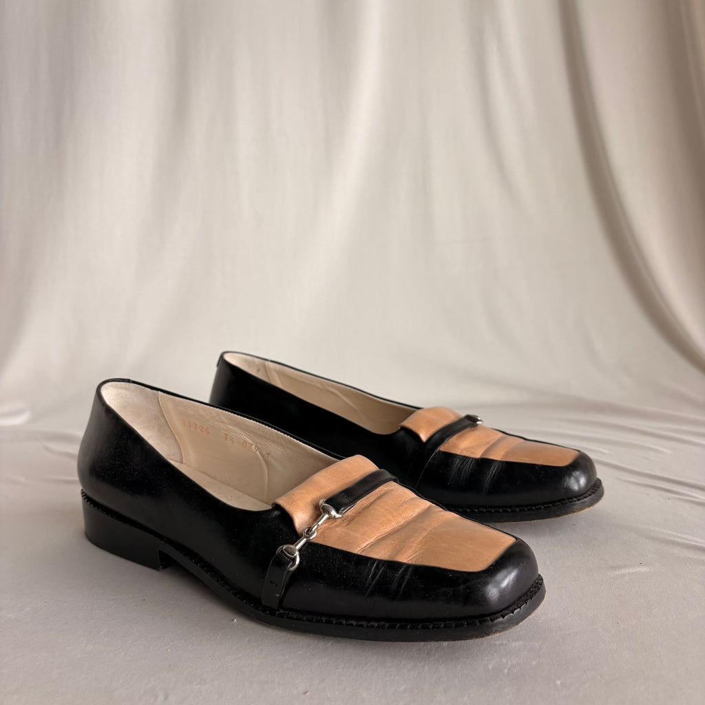 Vintage Joan & David Black & Tan Leather Loafers - Silver Horsebit Hardware