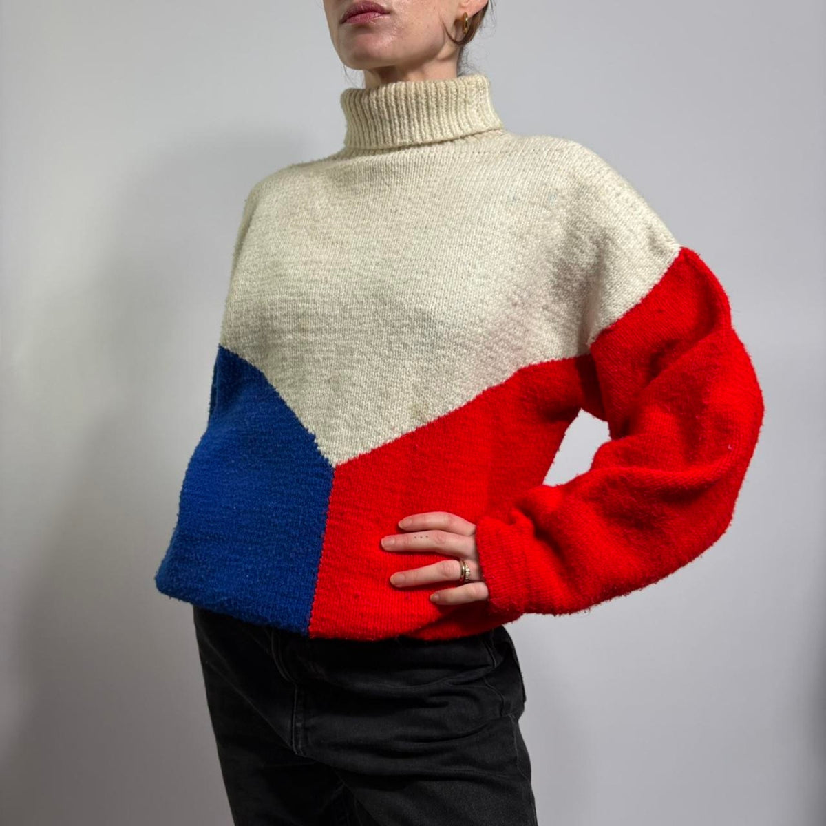 Vintage Tricolor Turtleneck Sweater - Red, White, Blue